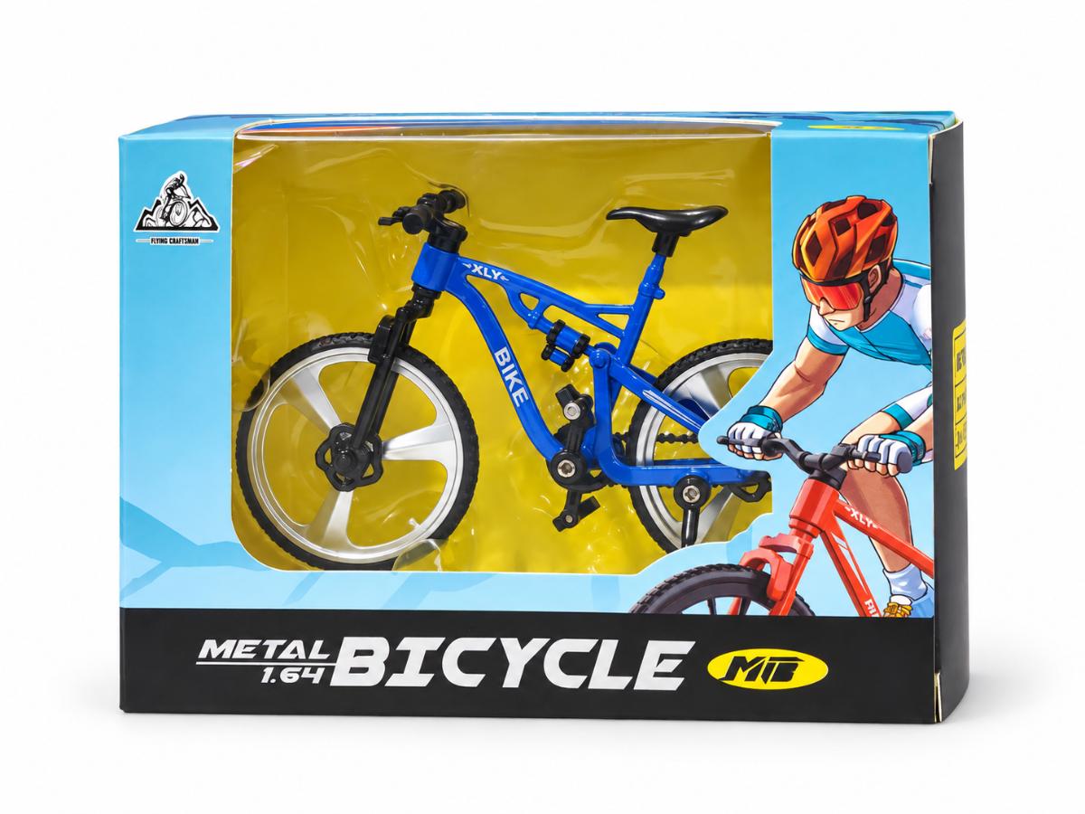 Blue mountain-style miniature bicycle inside its illustrated retail window box