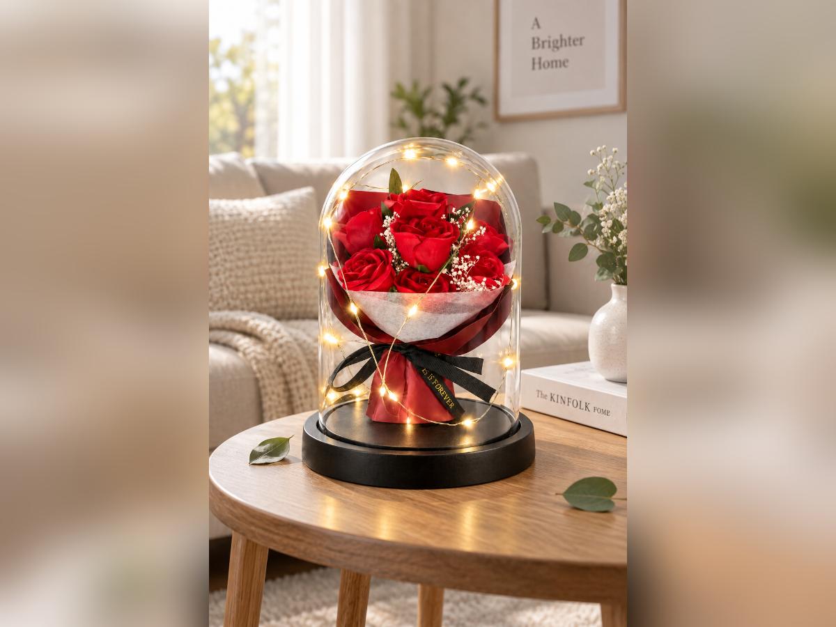 Red soap rose bouquet under a clear LED-lit dome on a black base