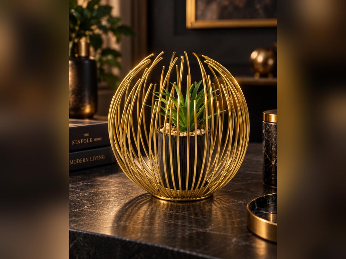 Gold sphere planter with artificial plant styled in a dark, warmly lit interior