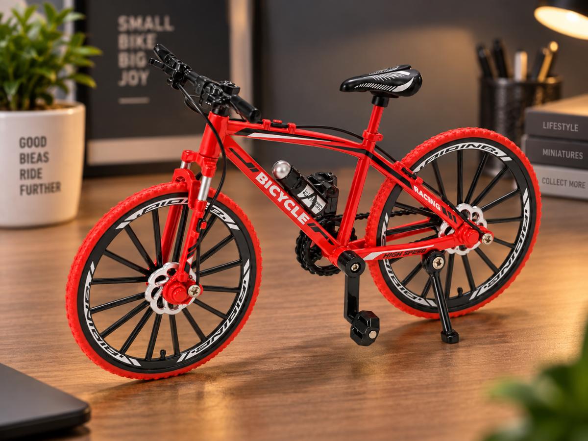 Red miniature metal mountain bike model displayed on a warm wooden desk