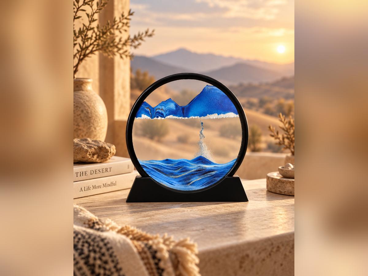Blue sandscape art frame styled on a warm wooden surface