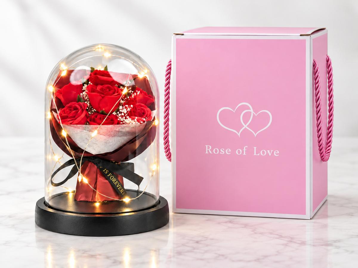 Red rose dome beside the pink Rose of Love presentation gift box