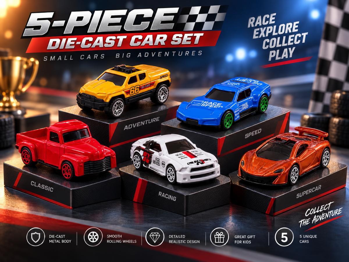 Promotional banner showing the five-piece die-cast car set on display podiums