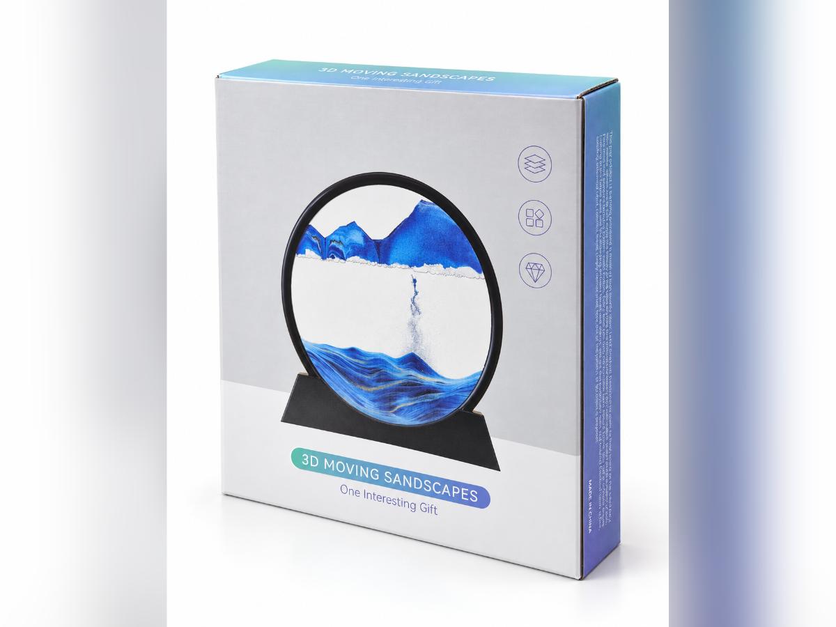 Illustrated retail box for the 3D moving sandscape, front angle