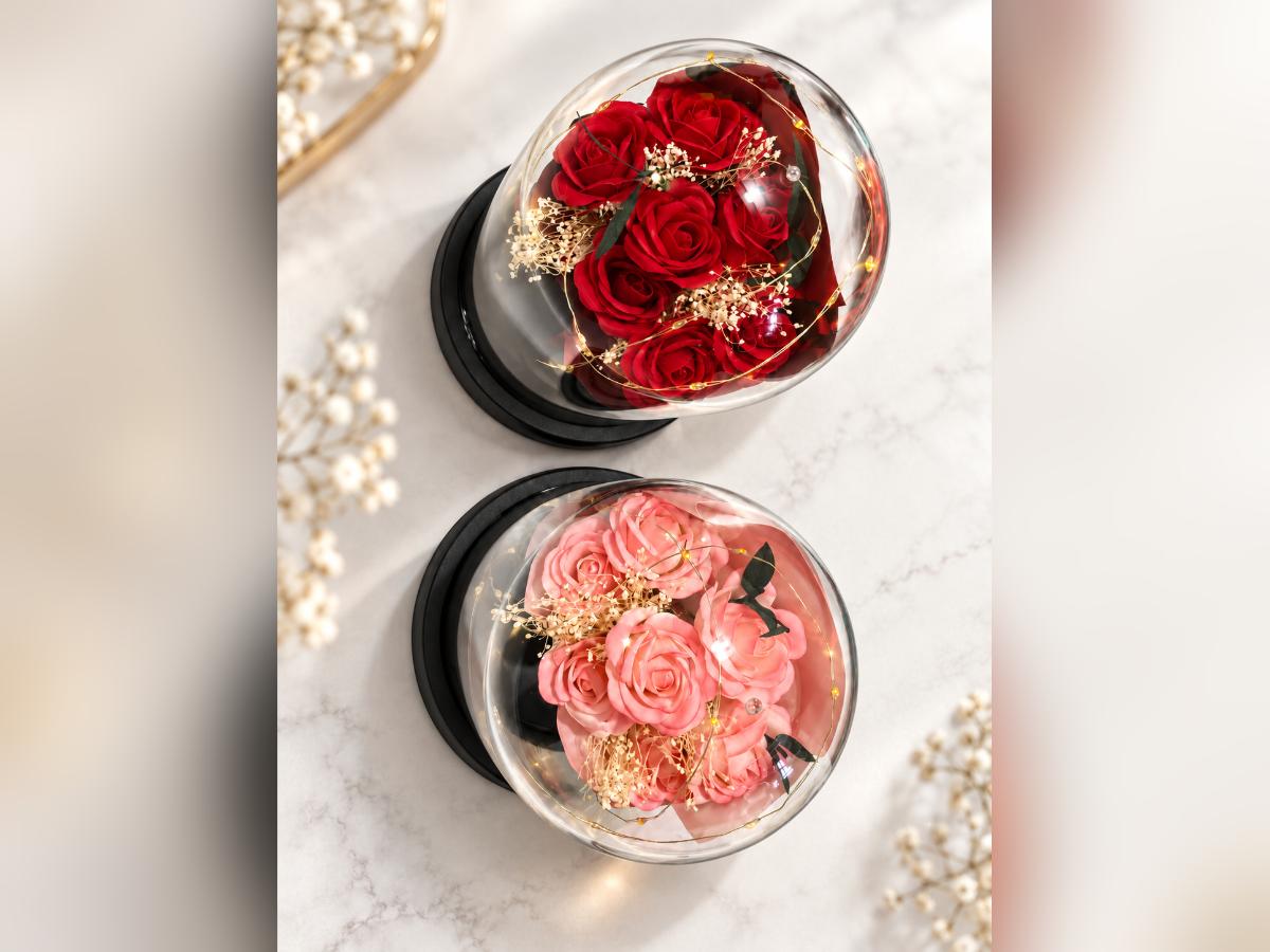 Overhead view of the red and pink rose bouquets showing the flower arrangement