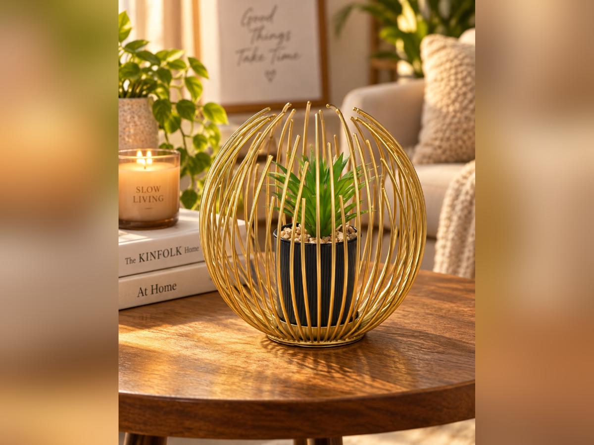 Gold sphere planter with artificial plant on a warm wooden table