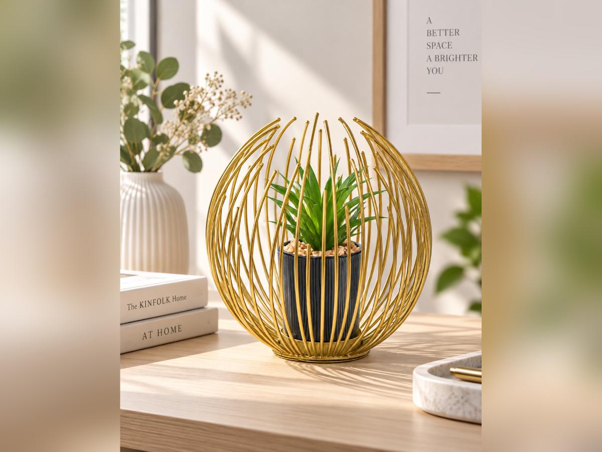 Gold sphere planter with artificial plant in a bright minimal interior