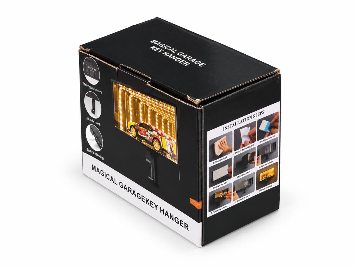 Black retail box for the Magical Garage Key Hanger with printed product preview