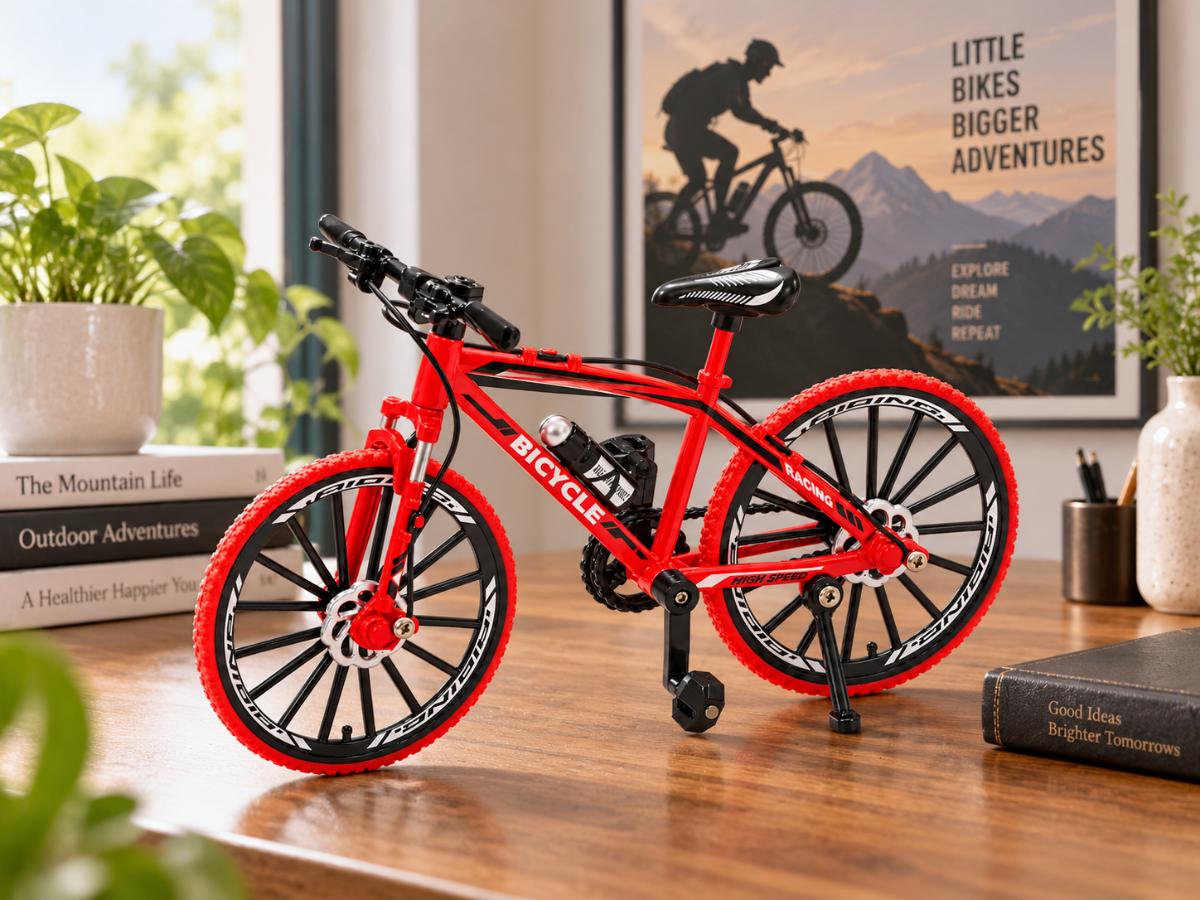 Red miniature mountain bicycle display model with cycling poster and home decor