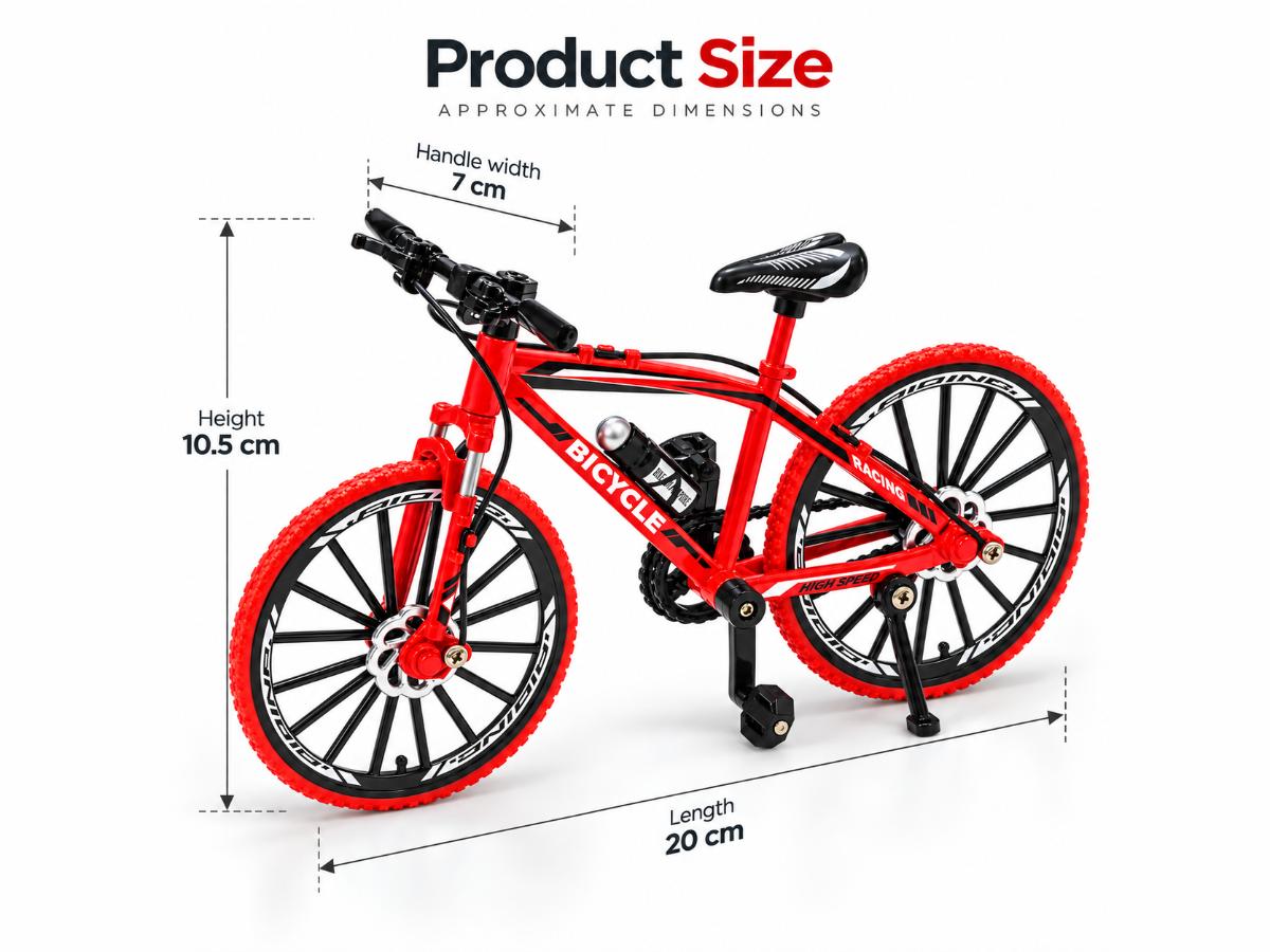 Size guide: mountain bike miniature about 20 cm long, 10.5 cm tall, 7 cm across the handlebars