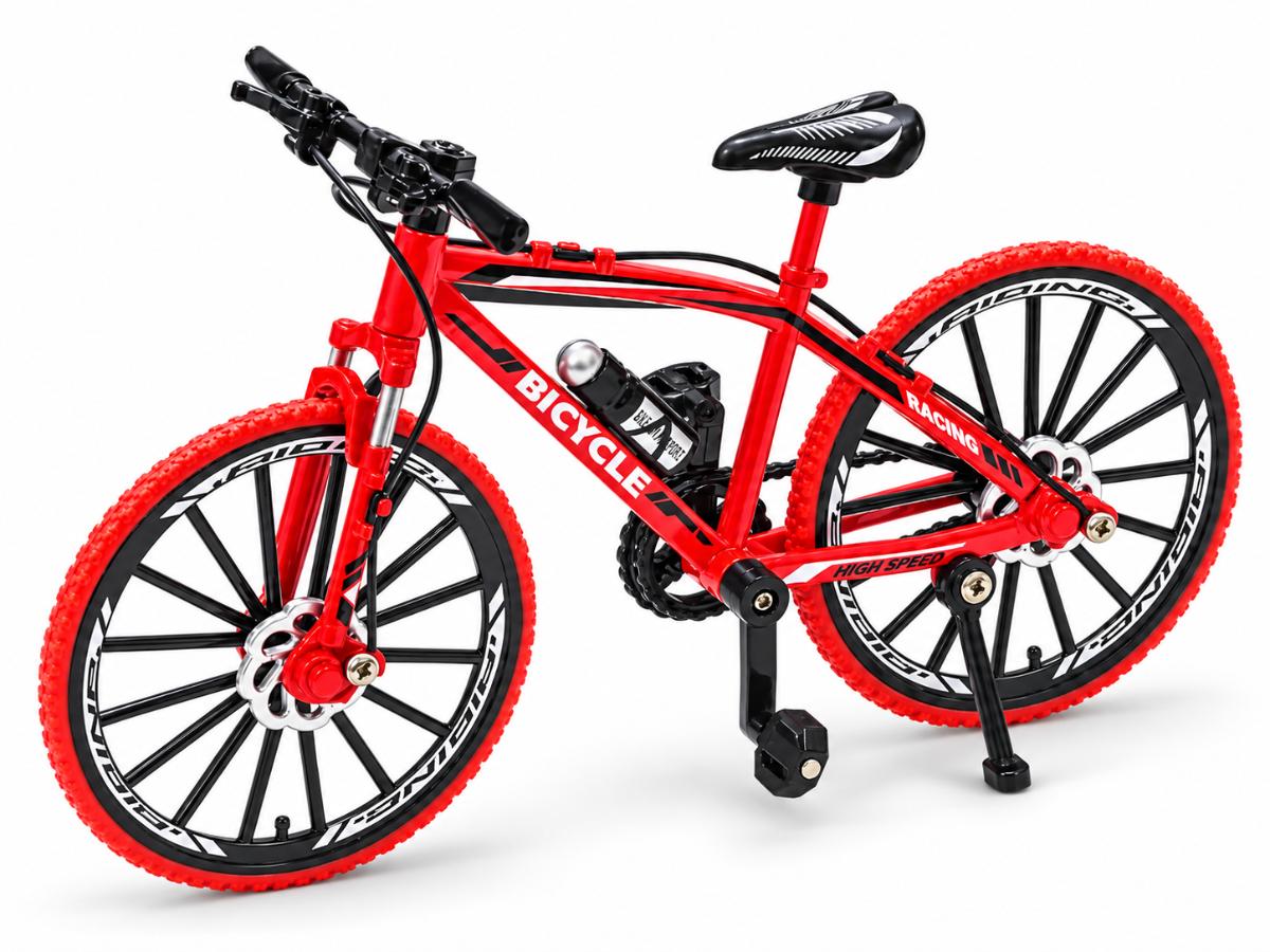 Red 20 cm miniature mountain bike die-cast model with black spoke wheels on white background