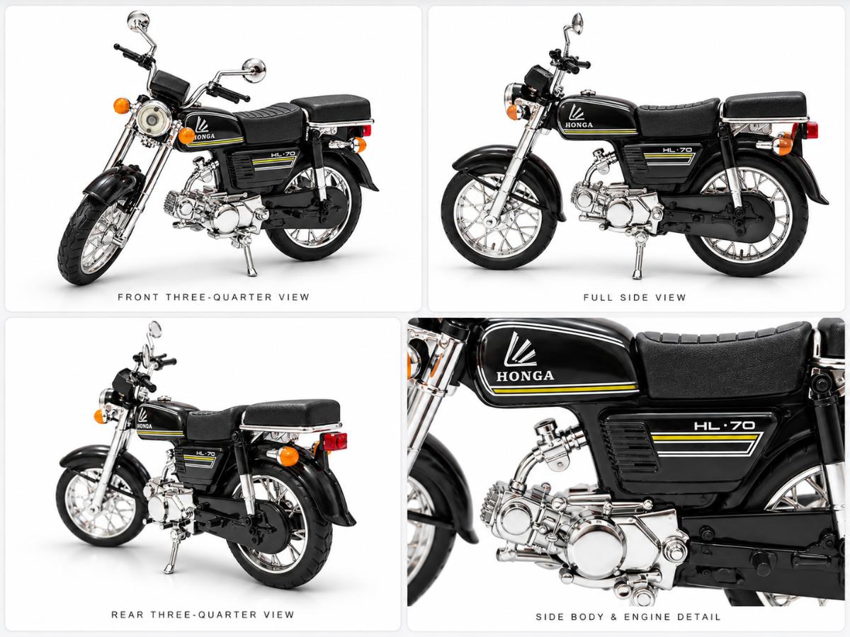 Four views of the black retro motorcycle model showing front, side and rear detail
