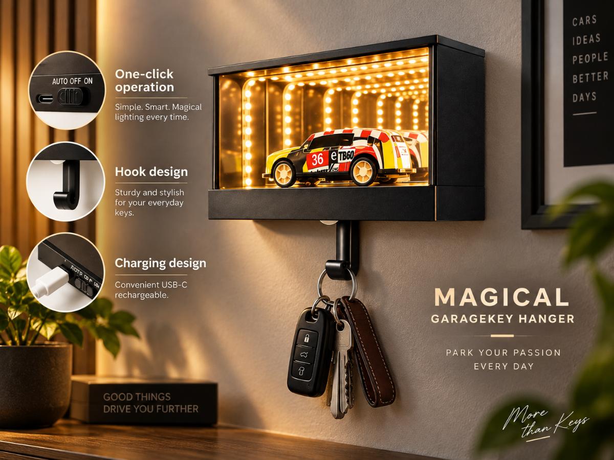 Warm LED miniature garage key hanger mounted on a wall with keys hanging from the hook below