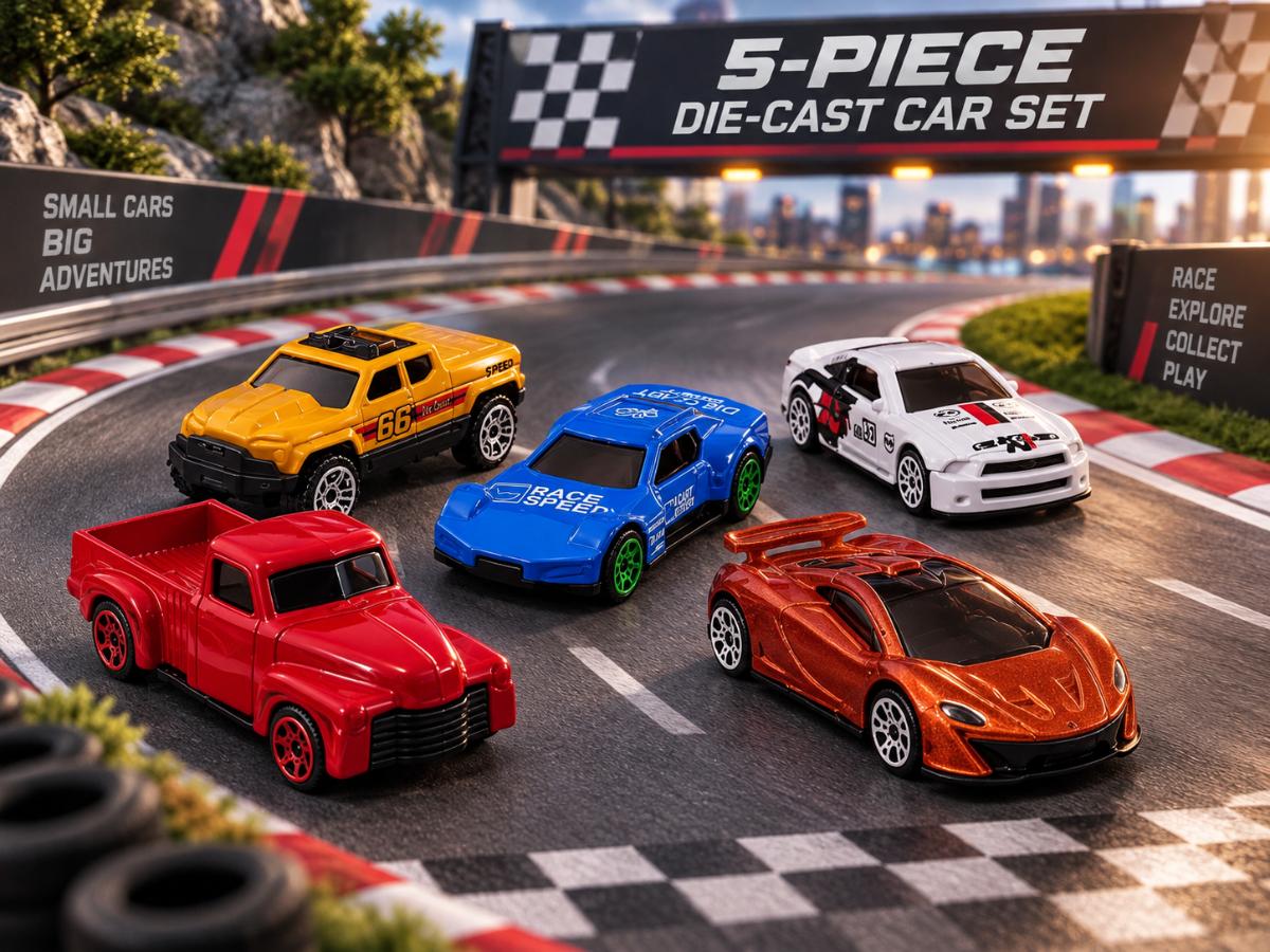 Five miniature die-cast cars arranged on a race-track scene