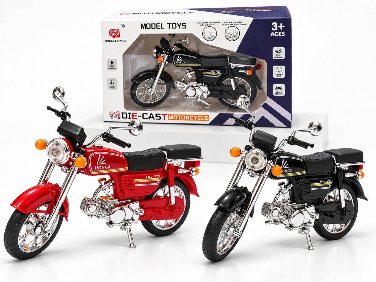 Red and black retro die-cast motorcycle models shown together with the retail box