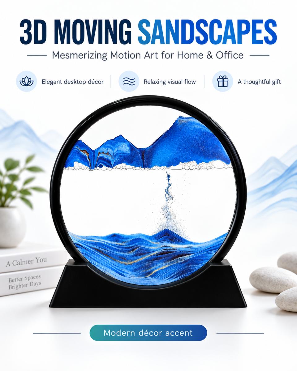 3D Moving Sandscape Art Frame — Ocean Blue Round Sand Art Décor