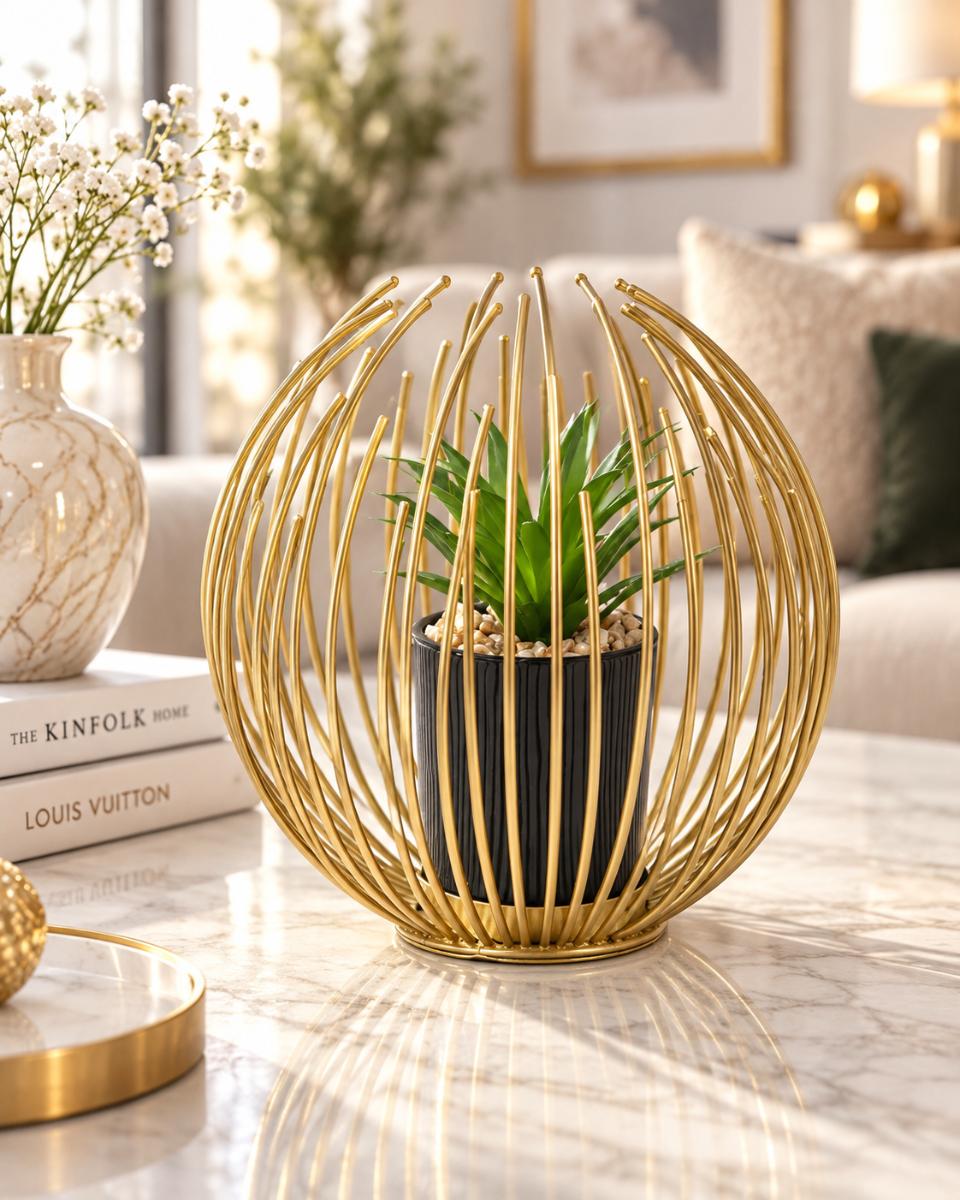 Golden Sphere Planter with Artificial Plant — Tabletop Home Décor