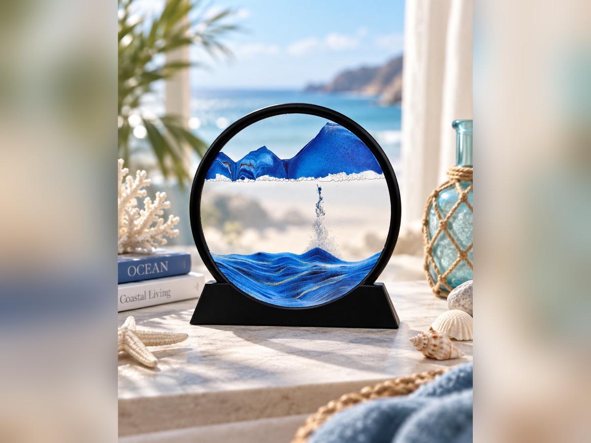 Blue sandscape art frame styled on a desk in a coastal-themed room