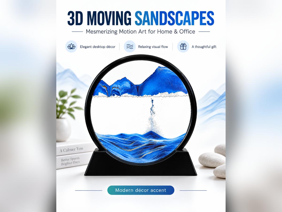 Round black-framed 3D moving sandscape showing blue and white sand layers