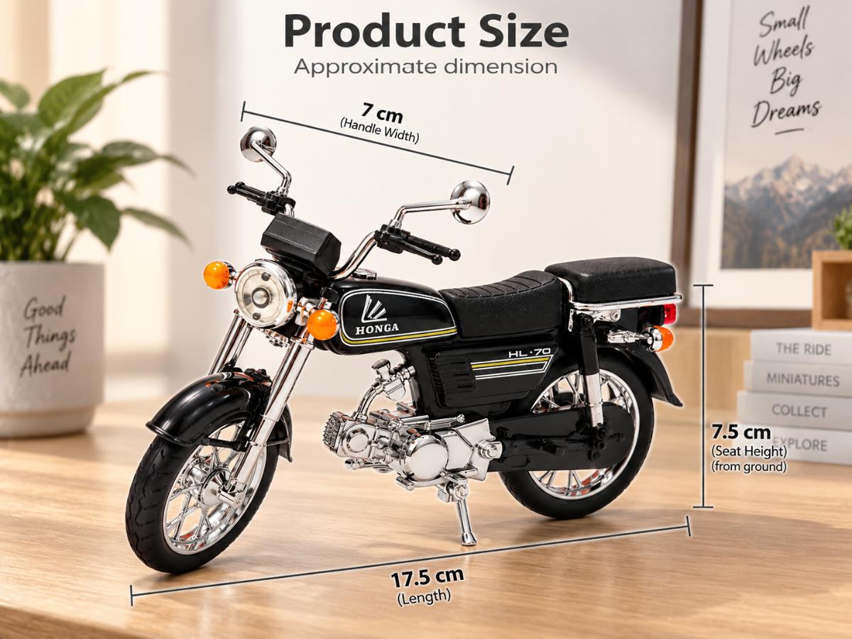 Size guide: about 17.5 cm long, 7 cm handlebar width, 7.5 cm seat height