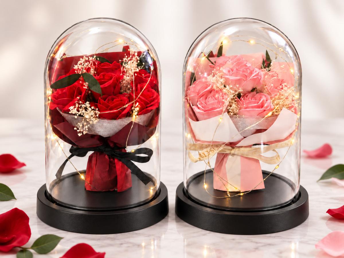 Romantic Red and Blush Pink rose domes side by side with warm fairy lights