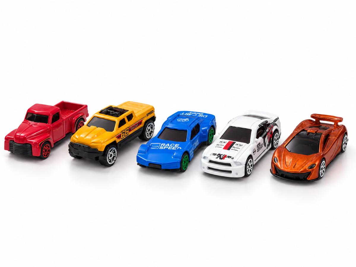 Five miniature die-cast cars shown together on a white studio background