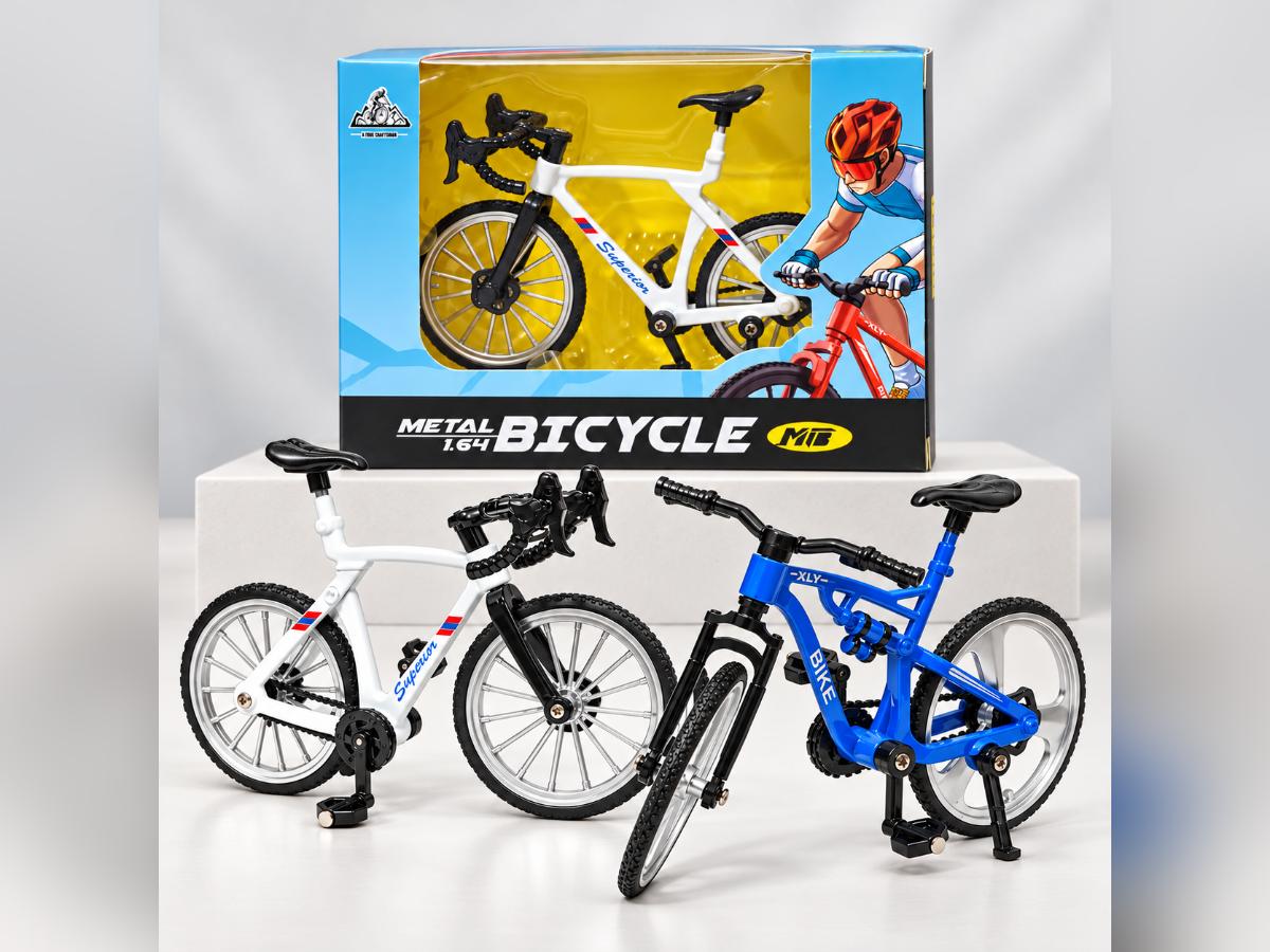 Blue mountain-style and white road-style die-cast bicycle miniatures displayed together