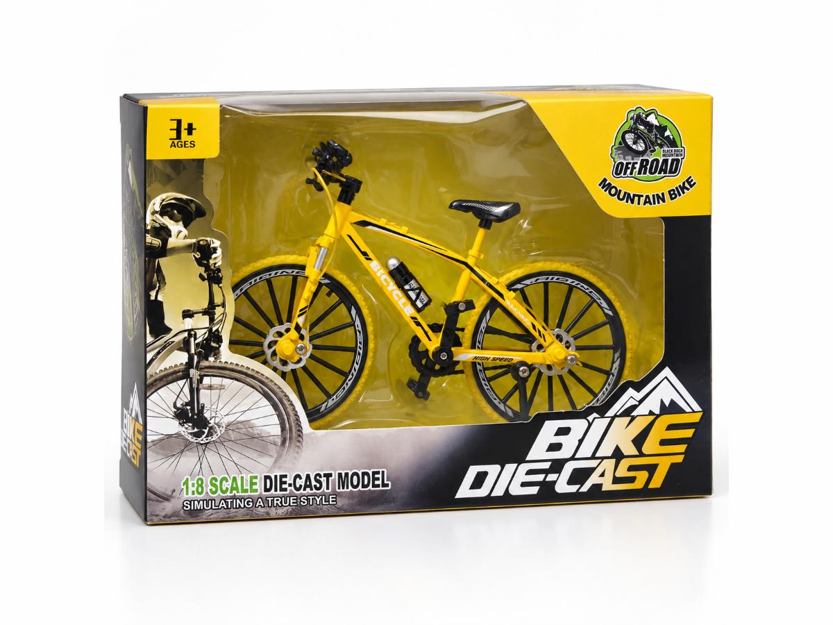 Yellow miniature mountain bicycle model in illustrated window-front die-cast packaging